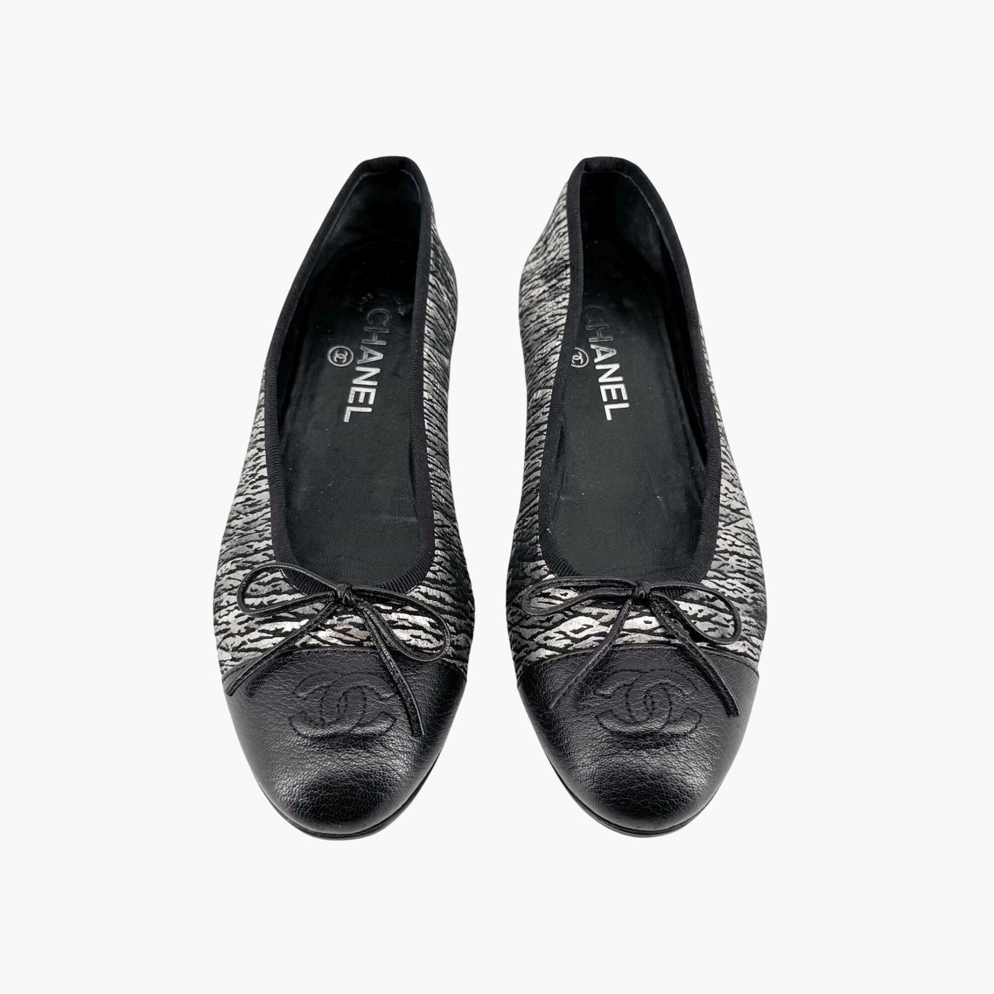 Chanel CC Cap Toe Ballet Flats in Metallic Silver & Black Size 38