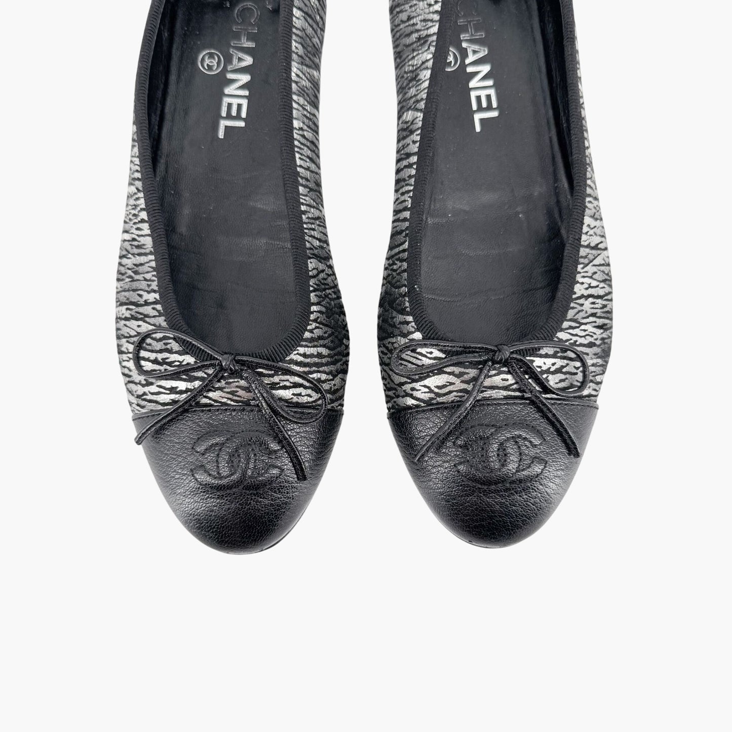 Chanel CC Cap Toe Ballet Flats in Metallic Silver & Black Size 38