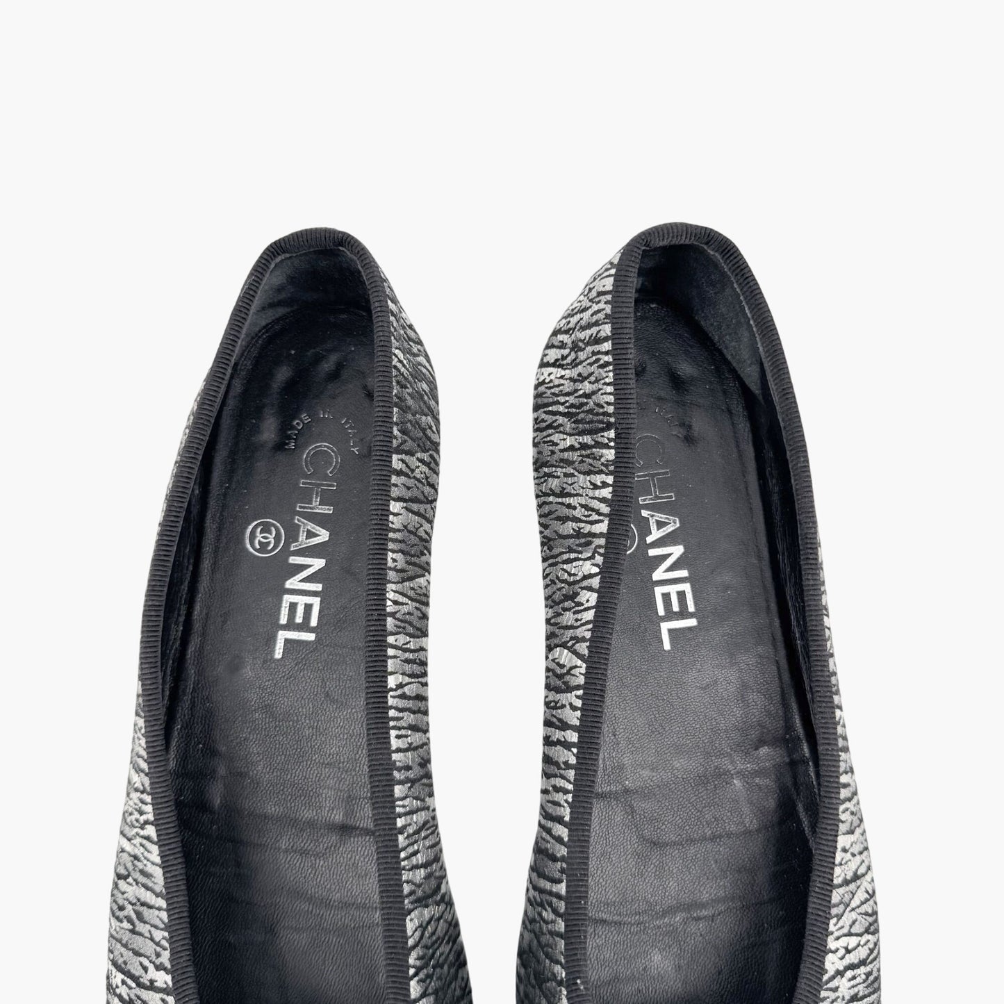 Chanel CC Cap Toe Ballet Flats in Metallic Silver & Black Size 38