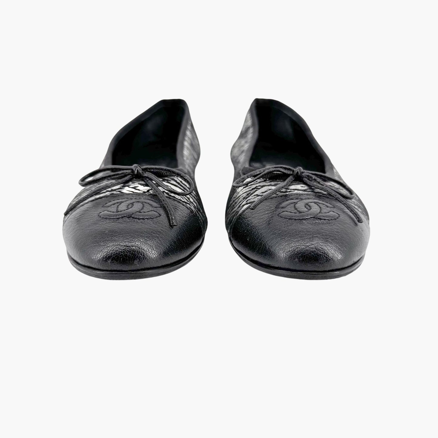 Chanel CC Cap Toe Ballet Flats in Metallic Silver & Black Size 38