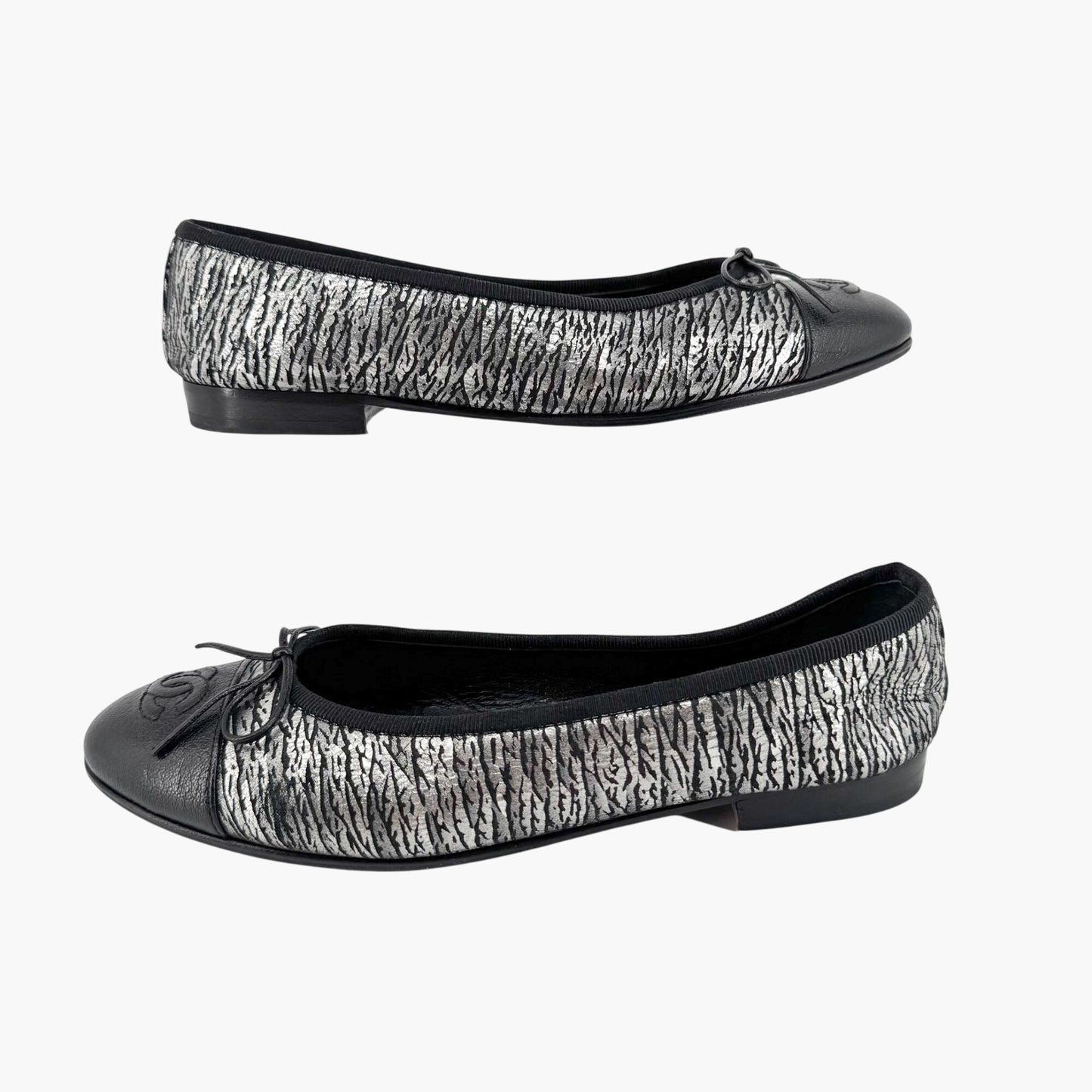Chanel CC Cap Toe Ballet Flats in Metallic Silver & Black Size 38