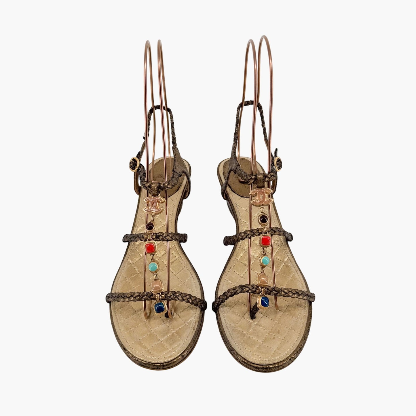Chanel CC Gem Chain T-Strap Wedge Sandals in Gold Leather – Size 40