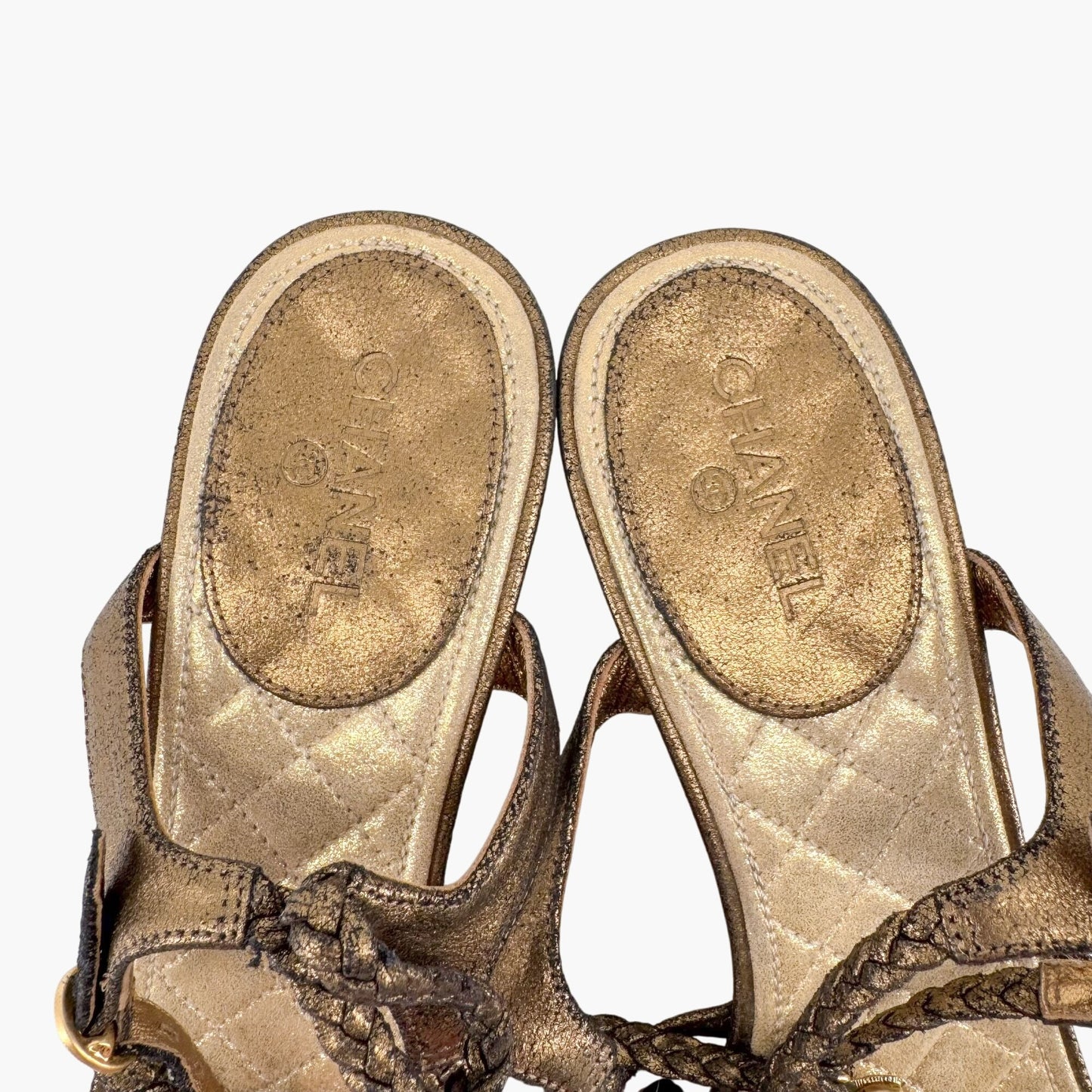 Chanel CC Gem Chain T-Strap Wedge Sandals in Gold Leather – Size 40