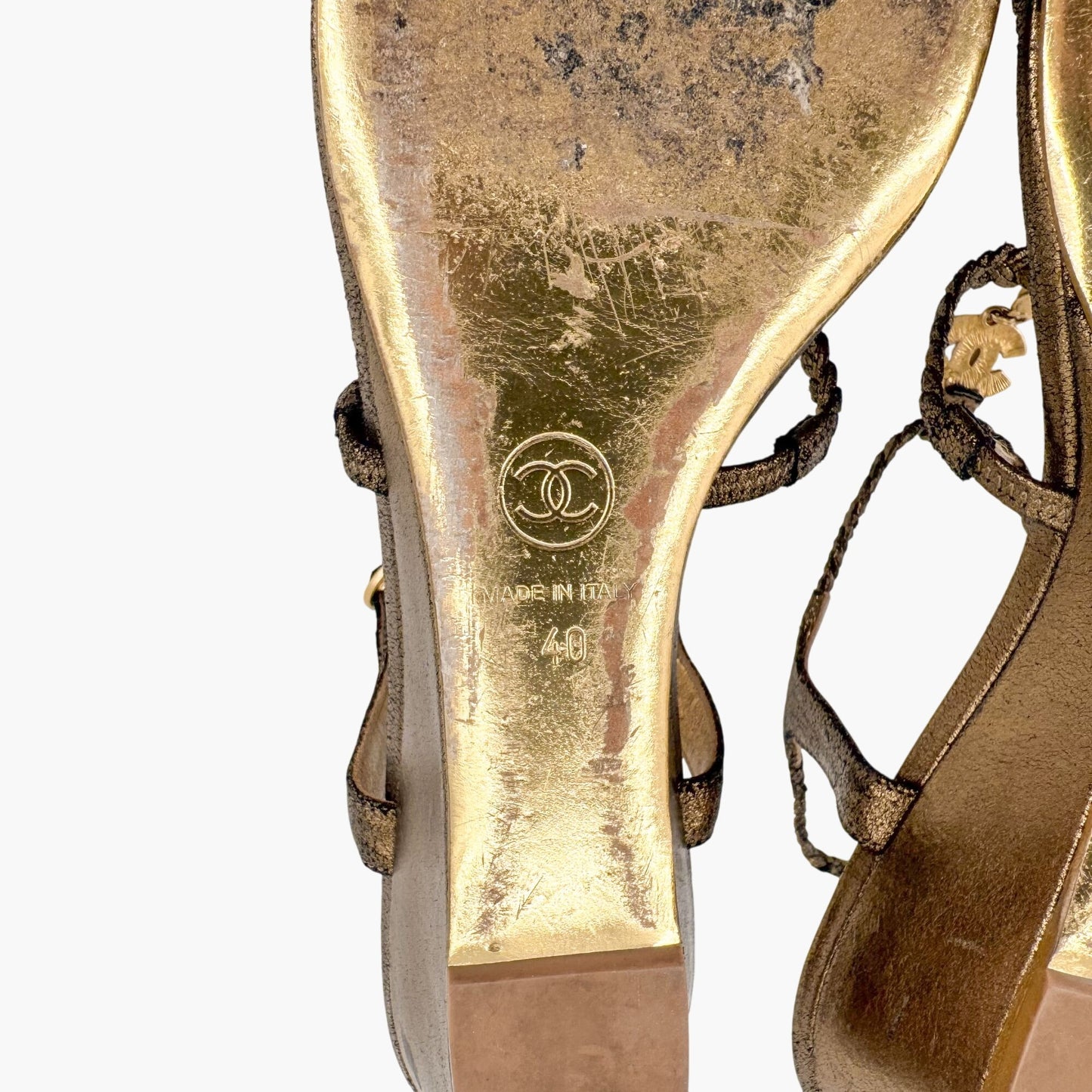 Chanel CC Gem Chain T-Strap Wedge Sandals in Gold Leather – Size 40