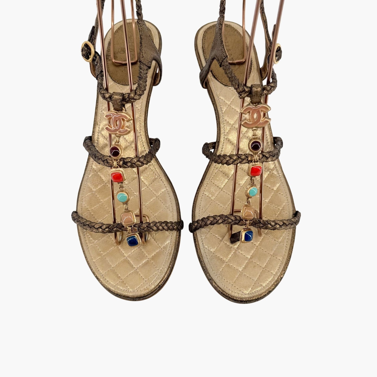 Chanel CC Gem Chain T-Strap Wedge Sandals in Gold Leather – Size 40
