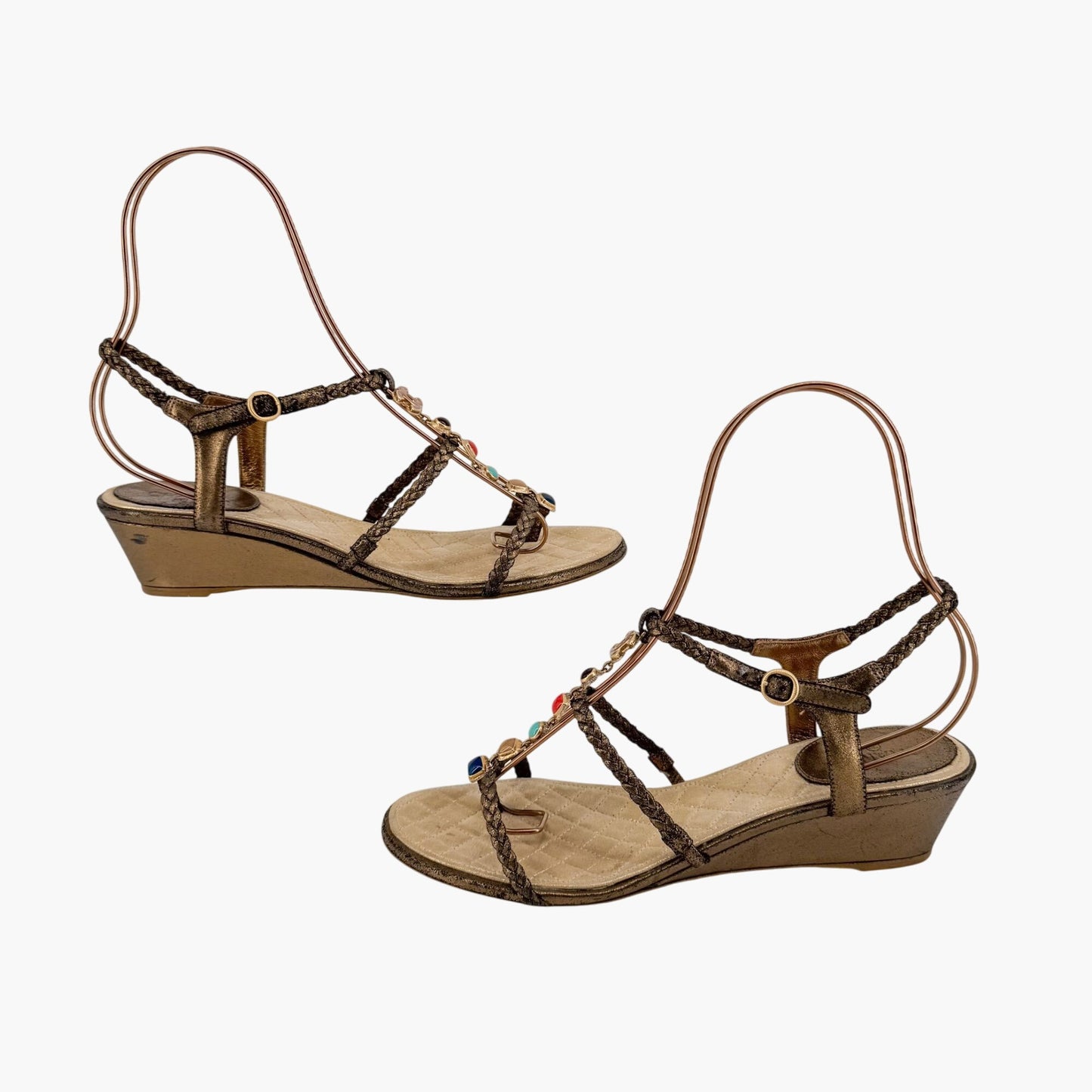 Chanel CC Gem Chain T-Strap Wedge Sandals in Gold Leather – Size 40