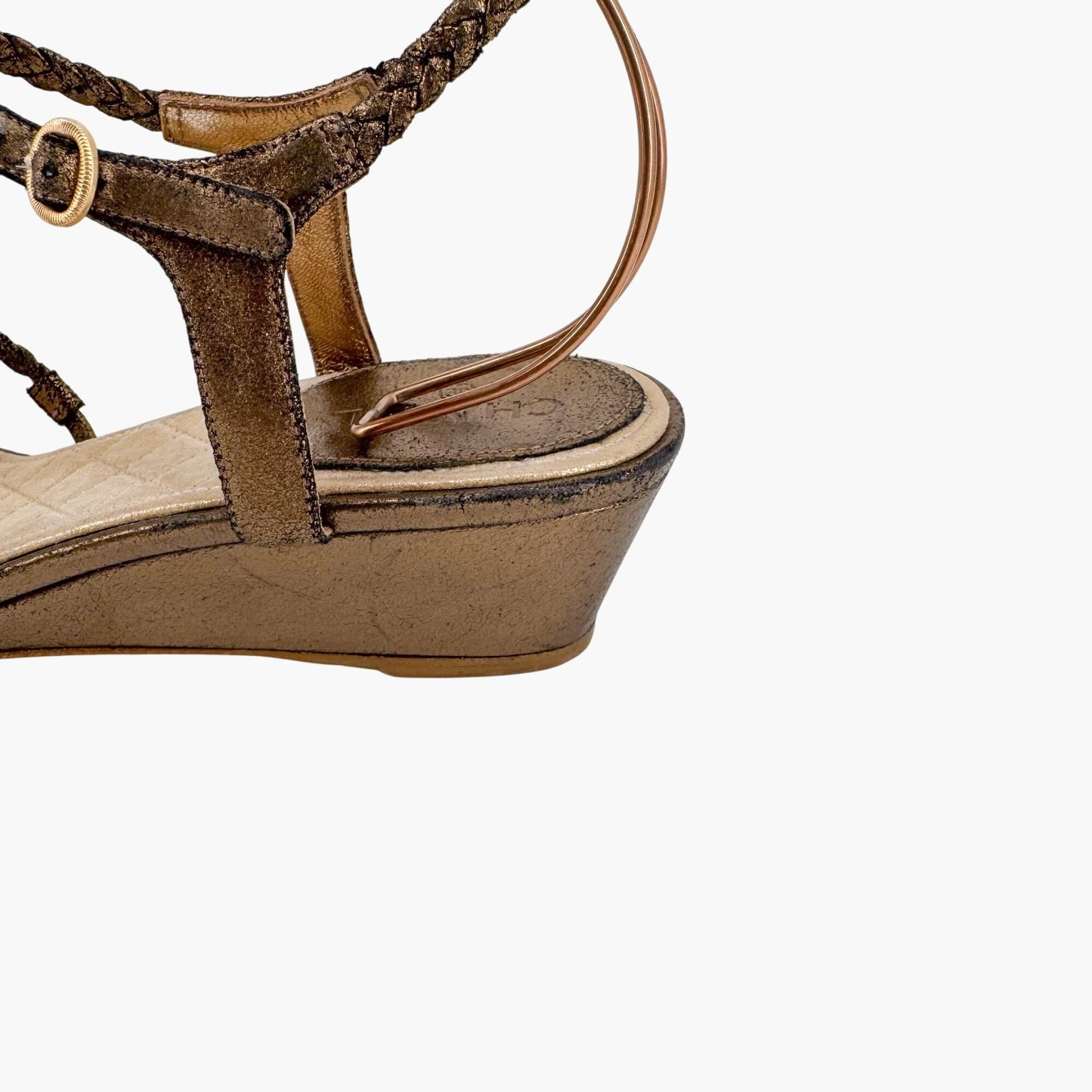 Chanel CC Gem Chain T-Strap Wedge Sandals in Gold Leather – Size 40