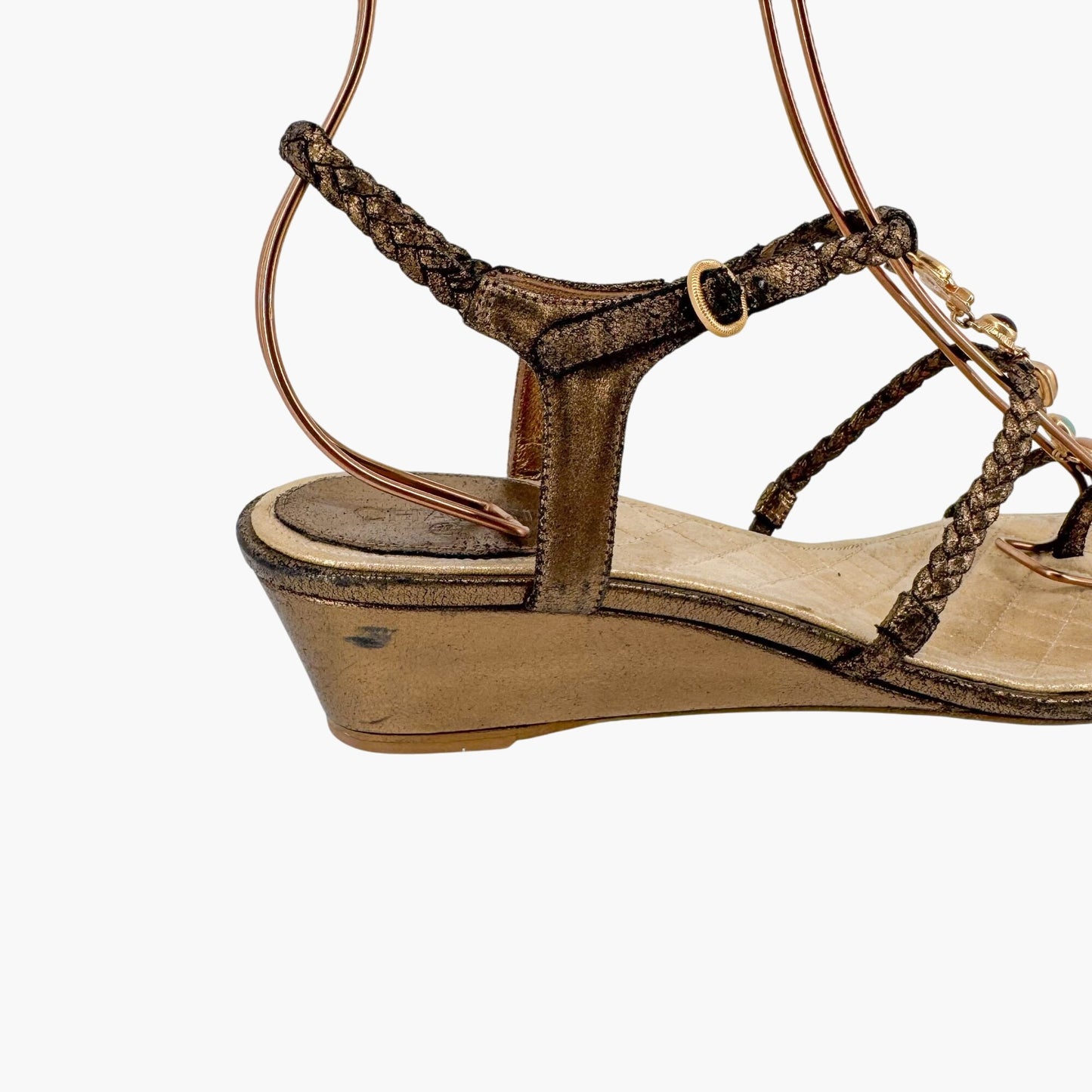 Chanel CC Gem Chain T-Strap Wedge Sandals in Gold Leather – Size 40