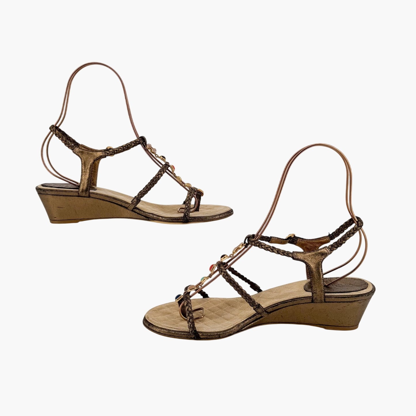 Chanel CC Gem Chain T-Strap Wedge Sandals in Gold Leather – Size 40