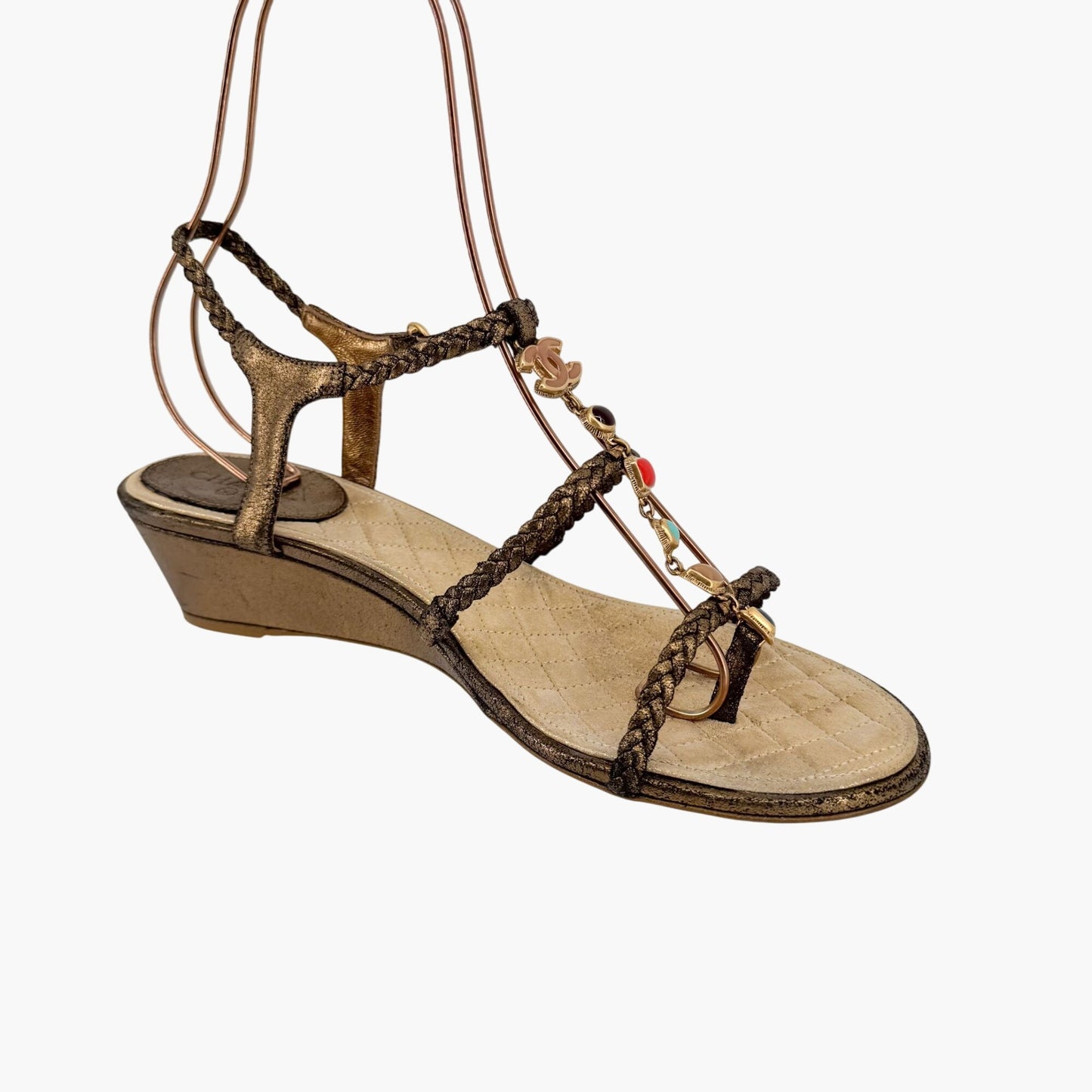 Chanel CC Gem Chain T-Strap Wedge Sandals in Gold Leather – Size 40