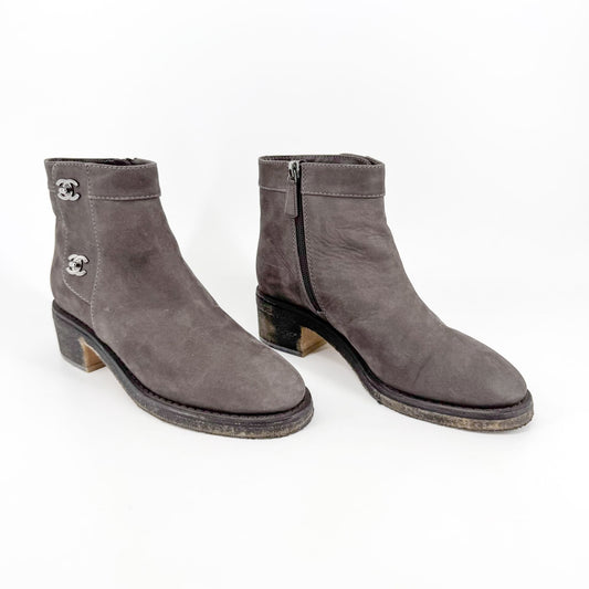 Chanel Turnlock CC Ankle Boots in Gray Nubuck Size 39
