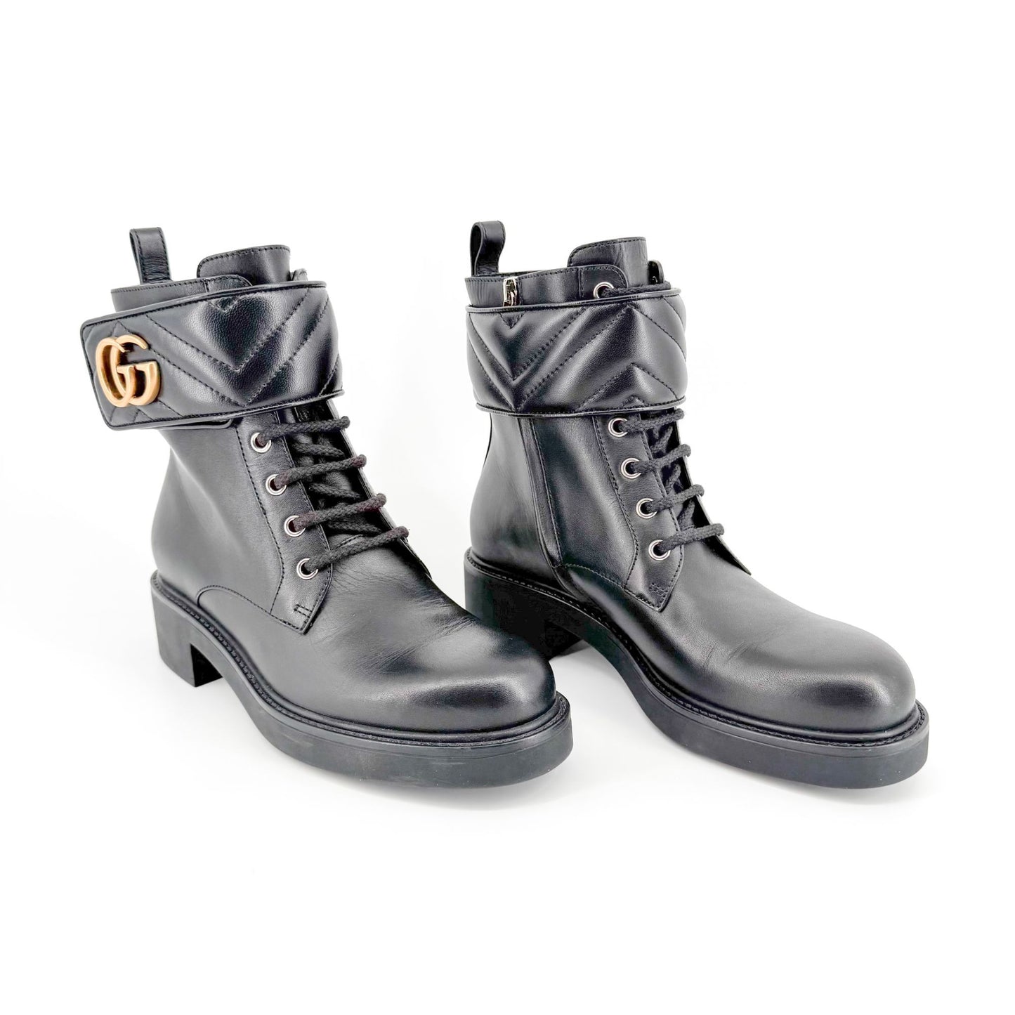 Gucci Marmont GG Lace Up Combat Boots in Black Leather Size 37