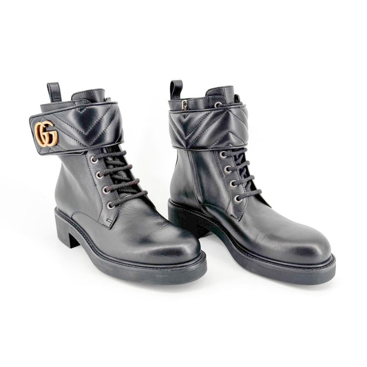 Gucci Marmont GG Lace Up Combat Boots in Black Leather Size 37