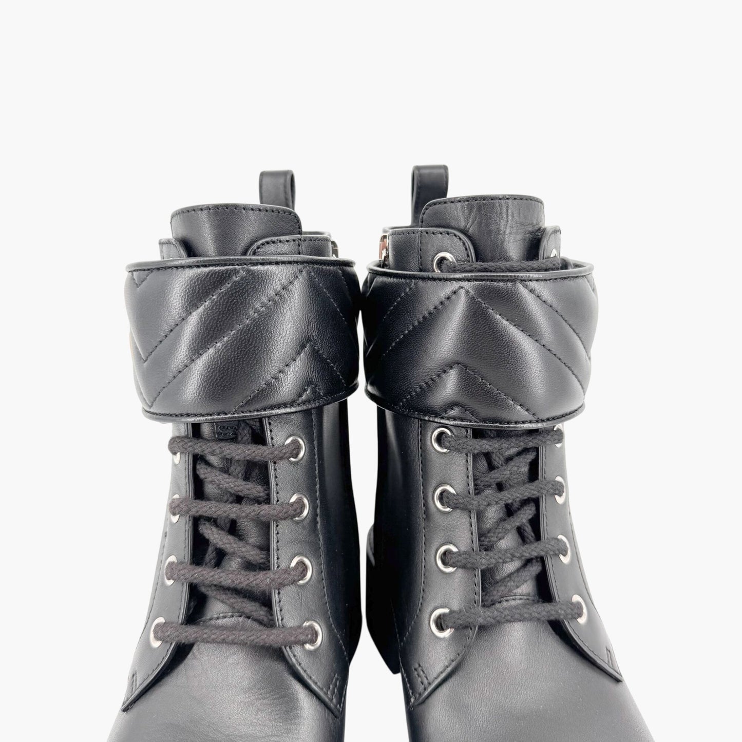 Gucci Marmont GG Lace Up Combat Boots in Black Leather Size 37