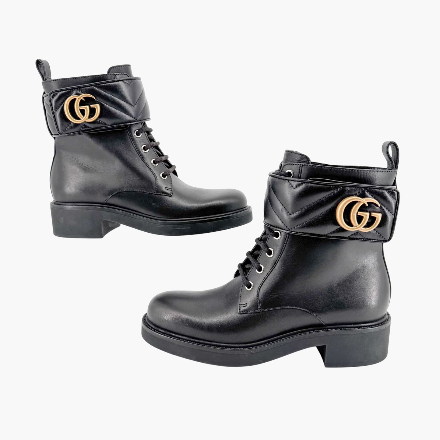 Gucci Marmont GG Lace Up Combat Boots in Black Leather Size 37