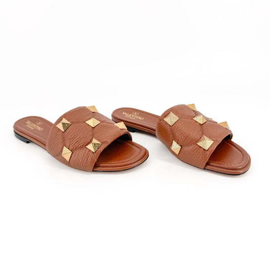 Valentino Garavani Roman Stud Slide Sandals in Brown Leather – Size 37.5