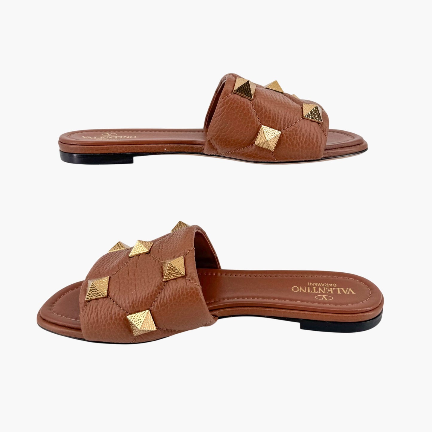 Valentino Garavani Roman Stud Slide Sandals in Brown Leather – Size 37.5