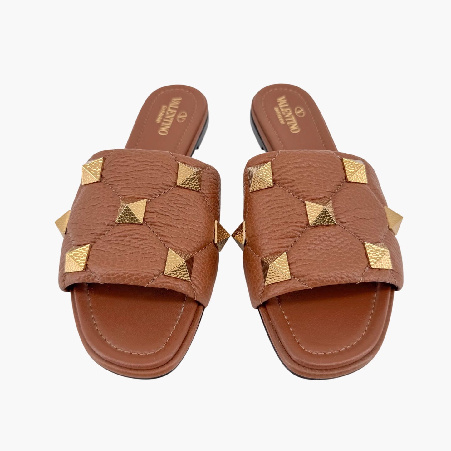 Valentino Garavani Roman Stud Slide Sandals in Brown Leather – Size 37.5
