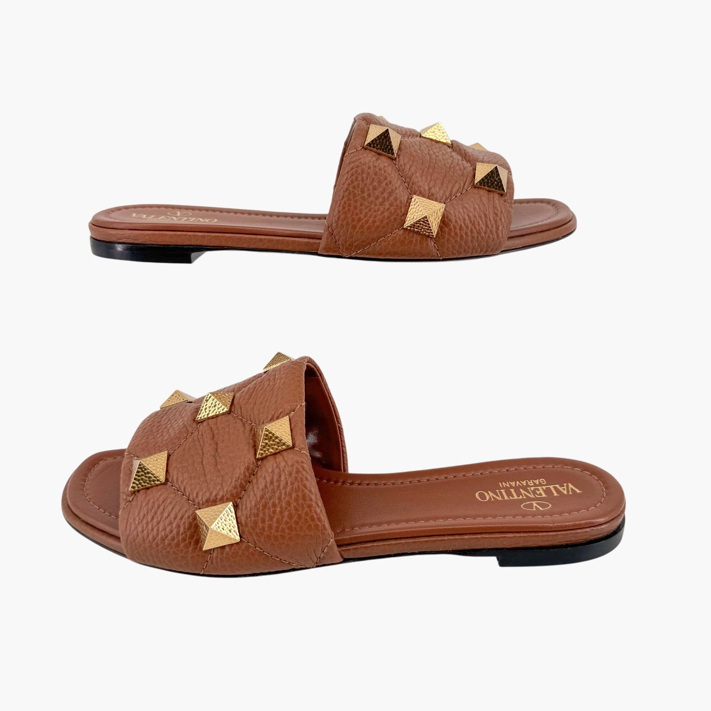 Valentino Garavani Roman Stud Slide Sandals in Brown Leather – Size 37.5