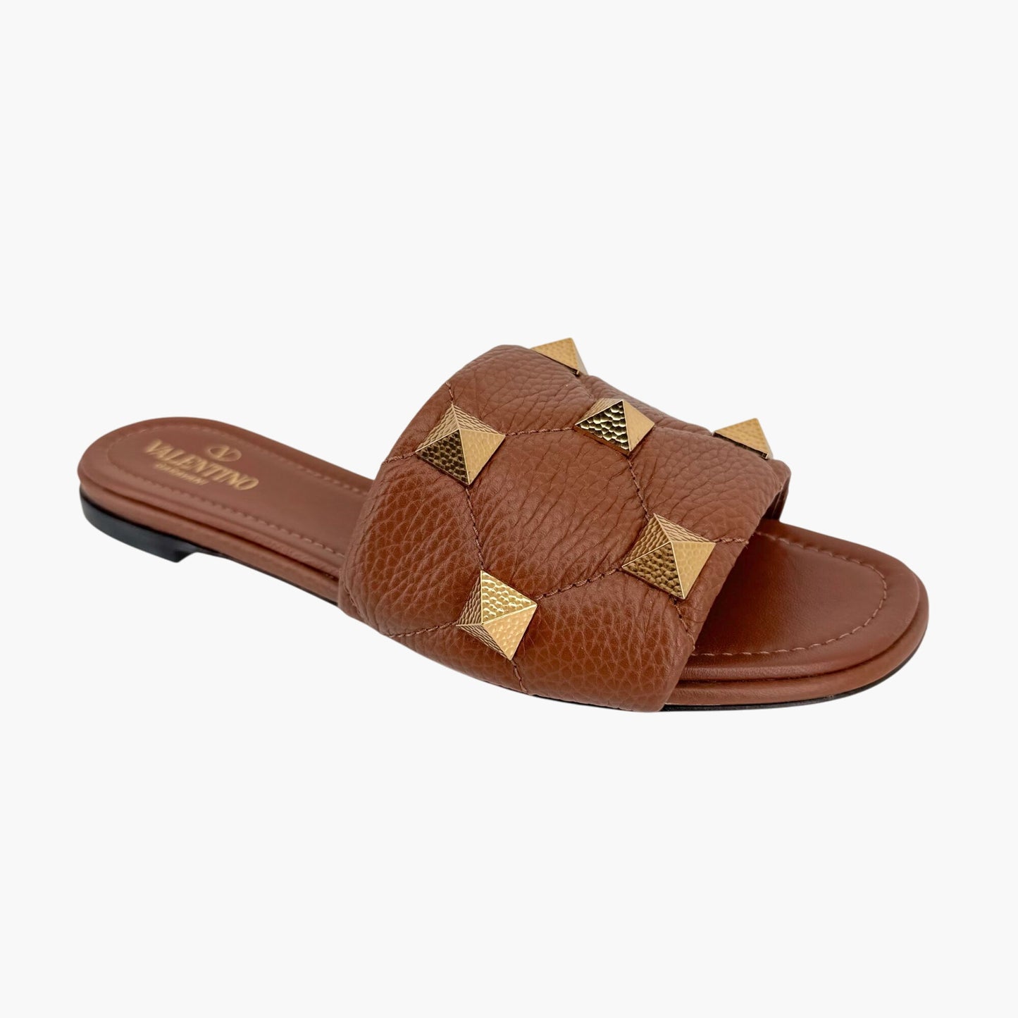 Valentino Garavani Roman Stud Slide Sandals in Brown Leather – Size 37.5
