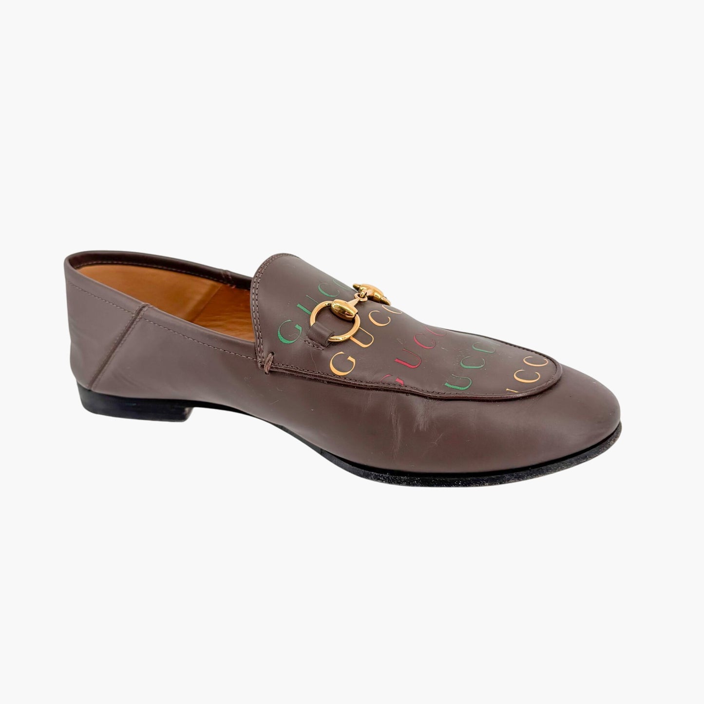 Gucci Brixton Horsebit Loafers in Brown Logo Leather – Size 37.5