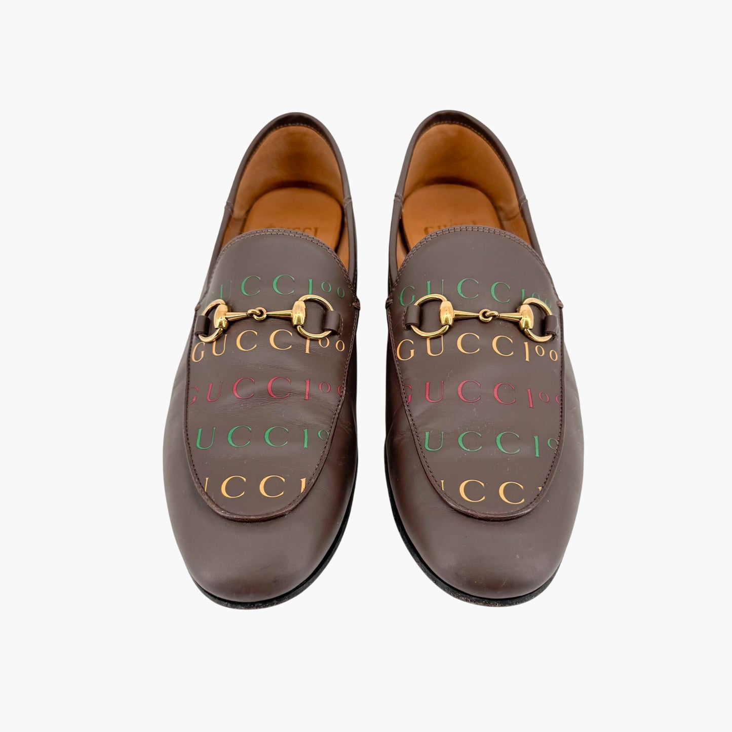 Gucci Brixton Horsebit Loafers in Brown Logo Leather – Size 37.5