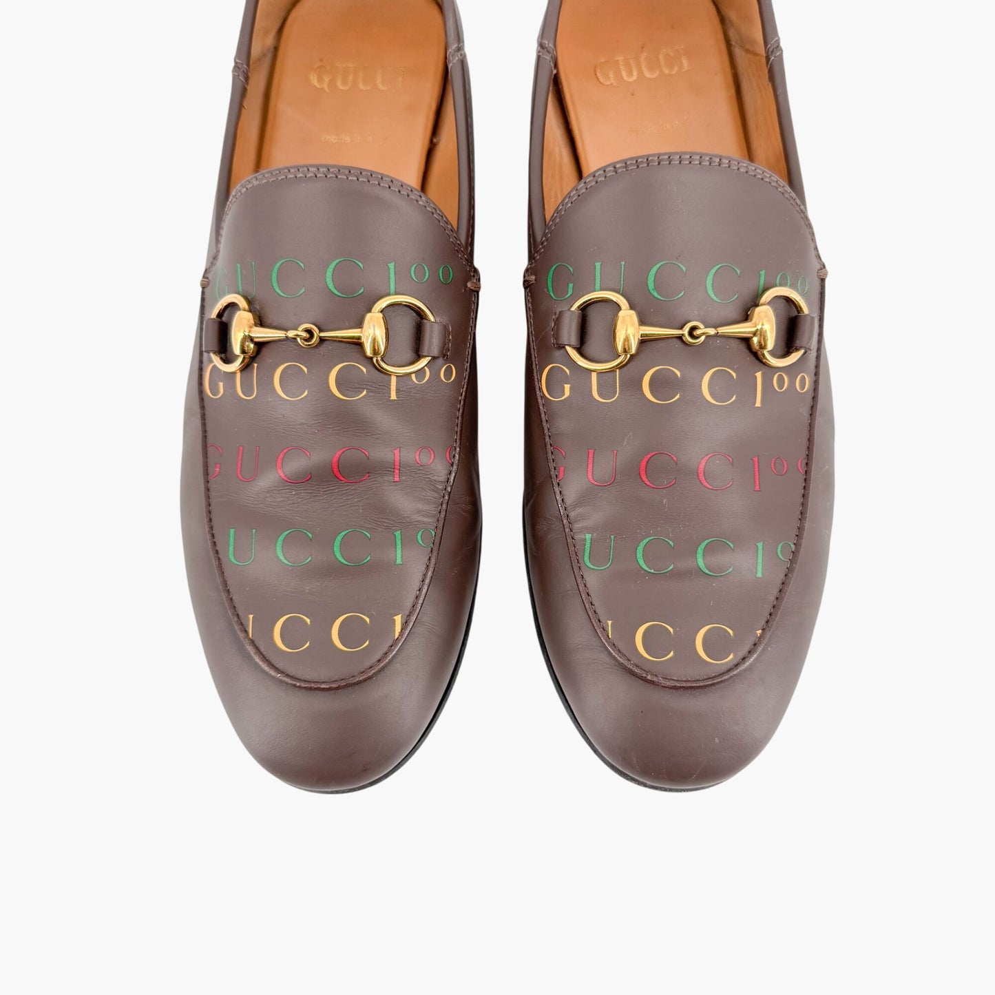 Gucci Brixton Horsebit Loafers in Brown Logo Leather – Size 37.5