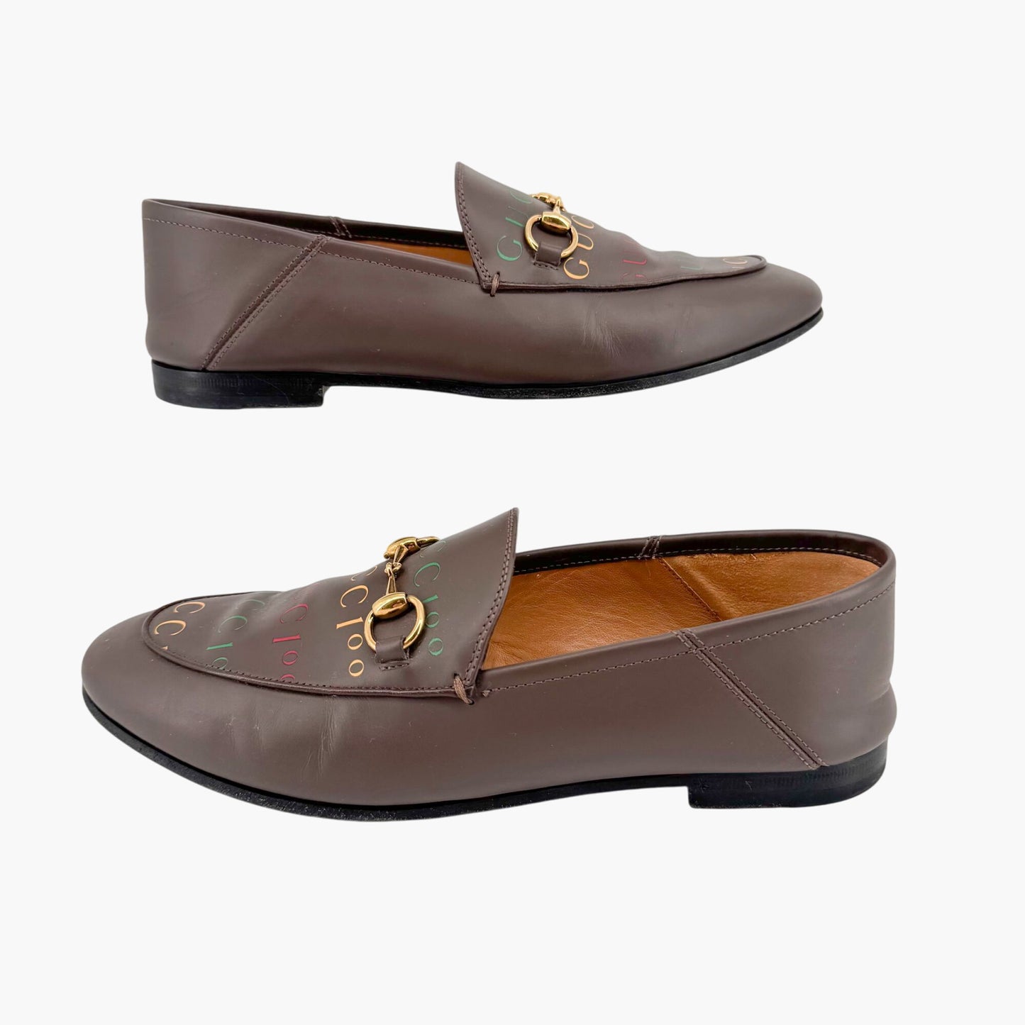 Gucci Brixton Horsebit Loafers in Brown Logo Leather – Size 37.5