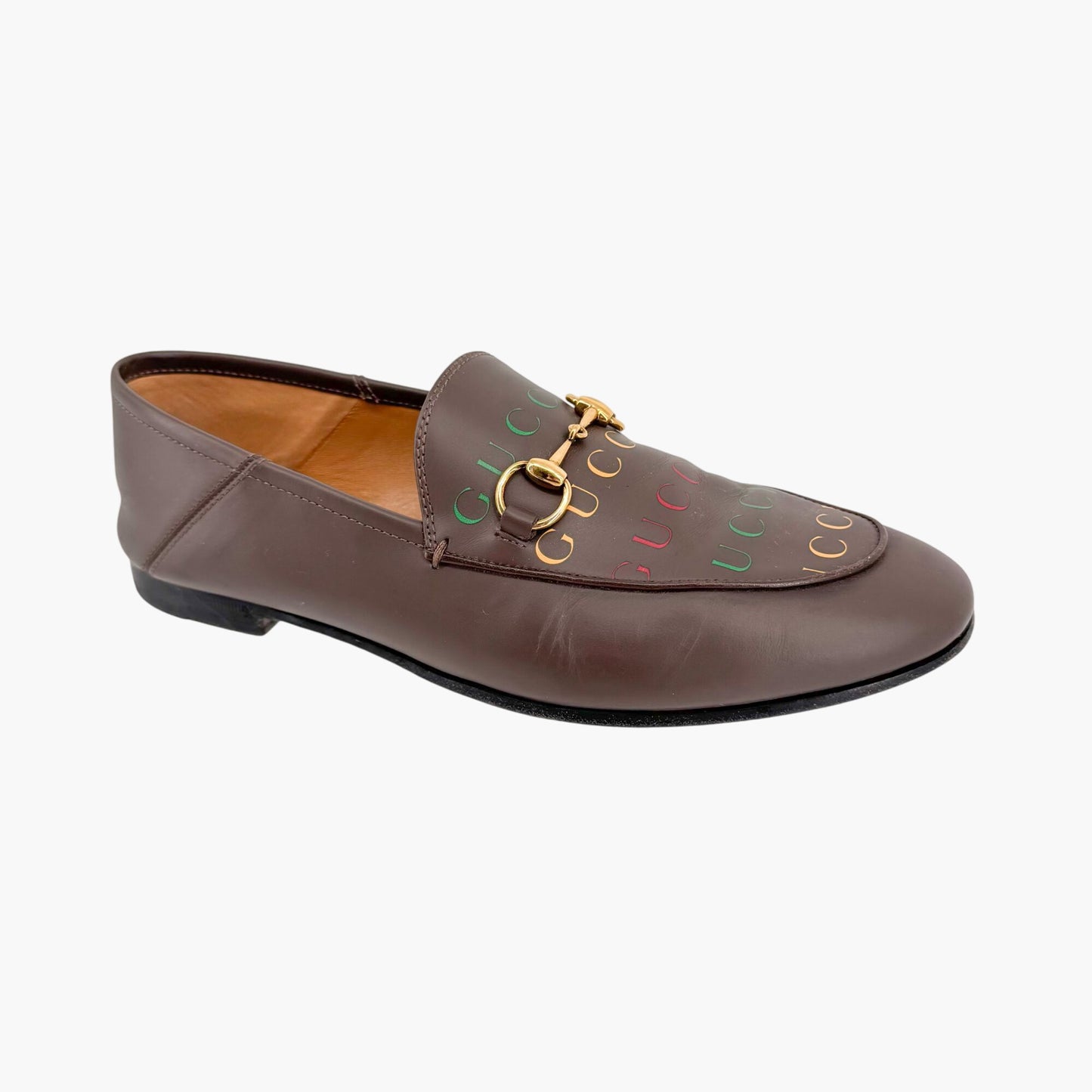 Gucci Brixton Horsebit Loafers in Brown Logo Leather – Size 37.5