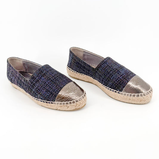 Chanel CC Cap Toe Espadrilles Metallic Navy Tweed Size 39