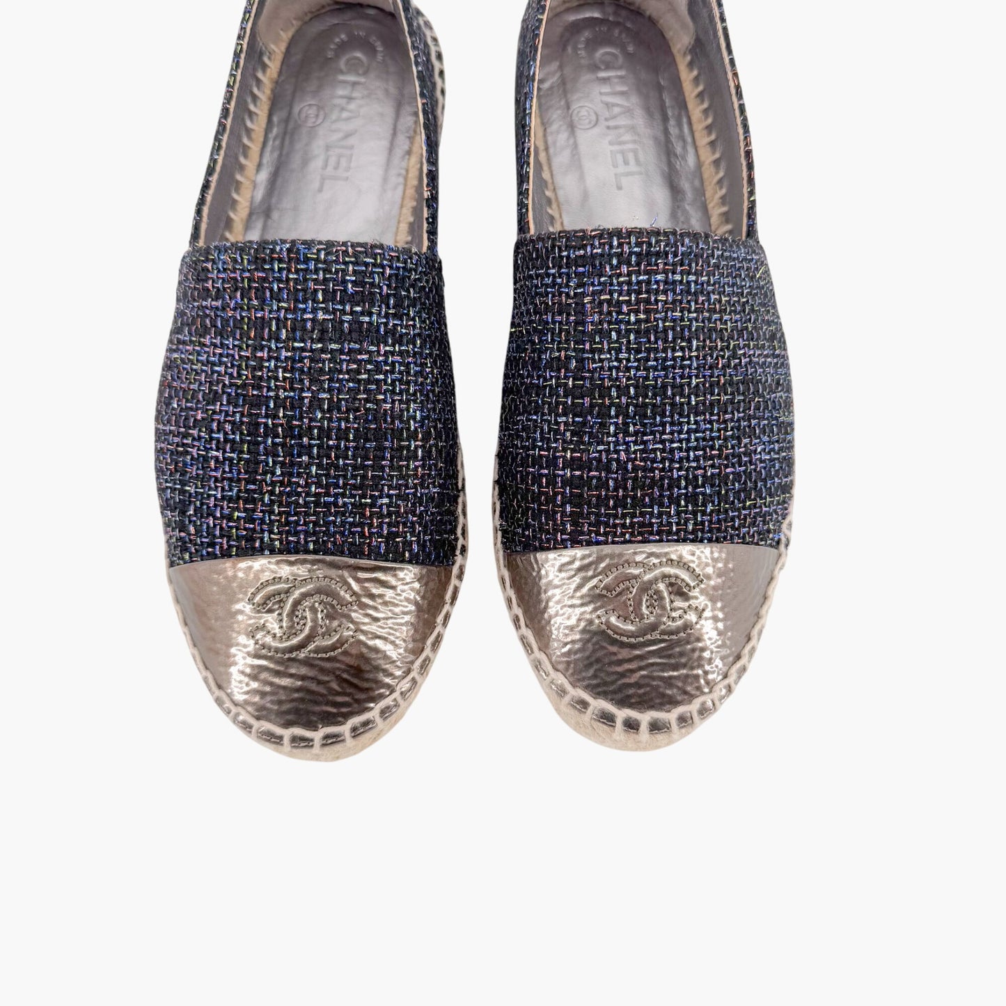 Chanel CC Cap Toe Espadrilles Metallic Navy Tweed Size 39