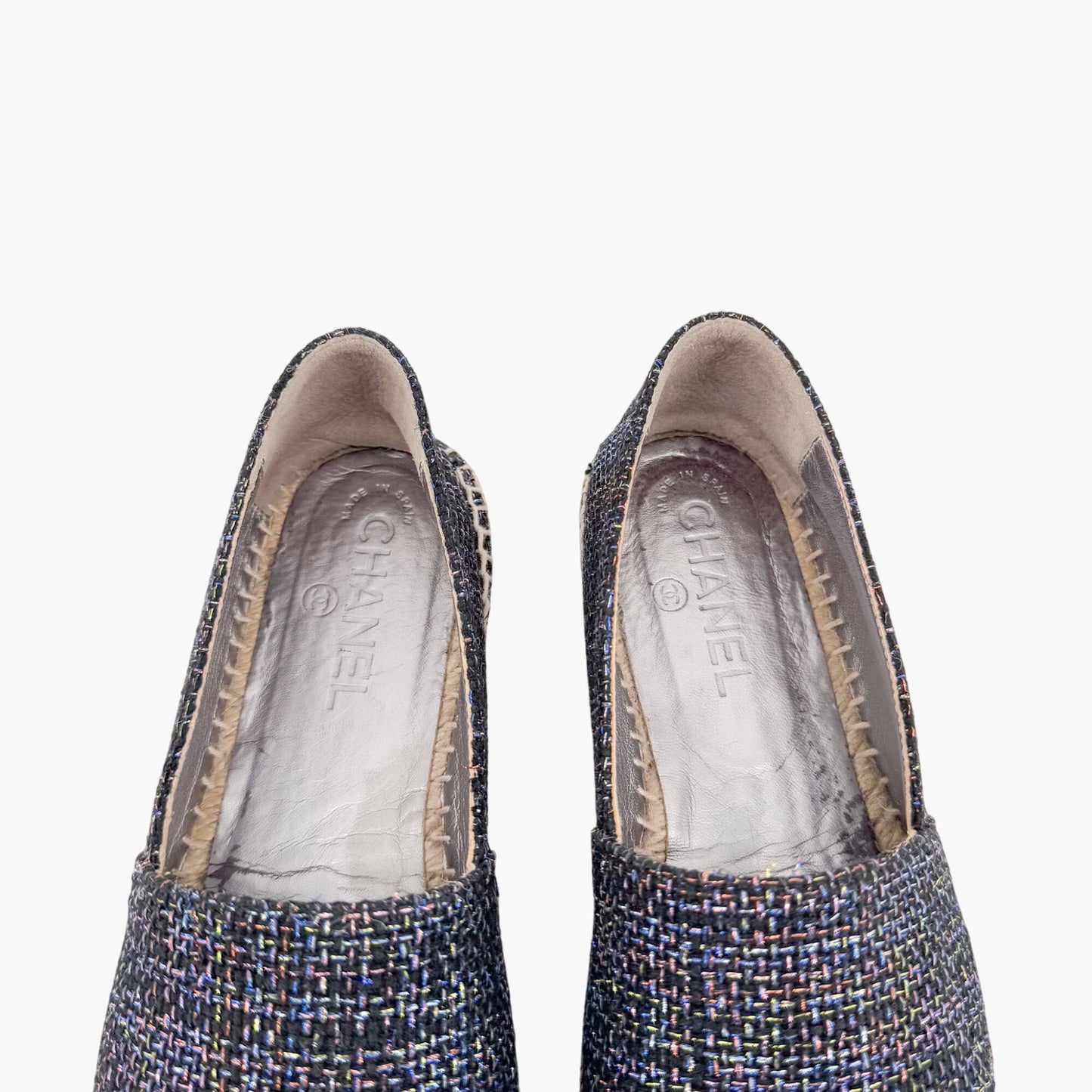 Chanel CC Cap Toe Espadrilles Metallic Navy Tweed Size 39
