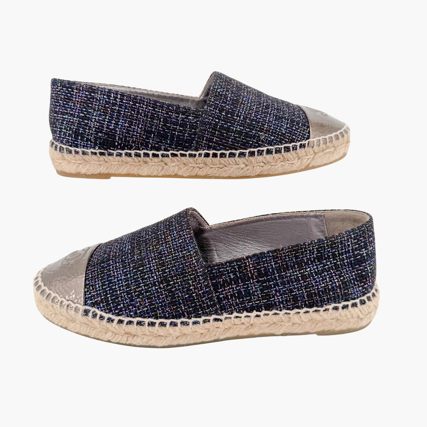 Chanel CC Cap Toe Espadrilles Metallic Navy Tweed Size 39