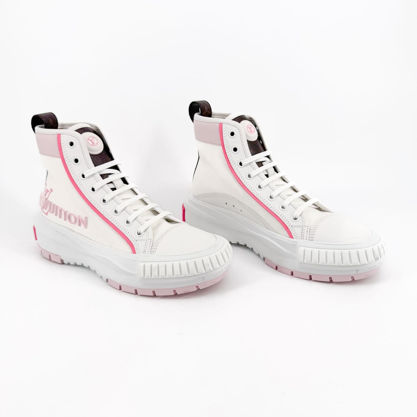 Louis Vuitton Squad Sneaker Boots in White Canvas with Pink Sole – Size 38