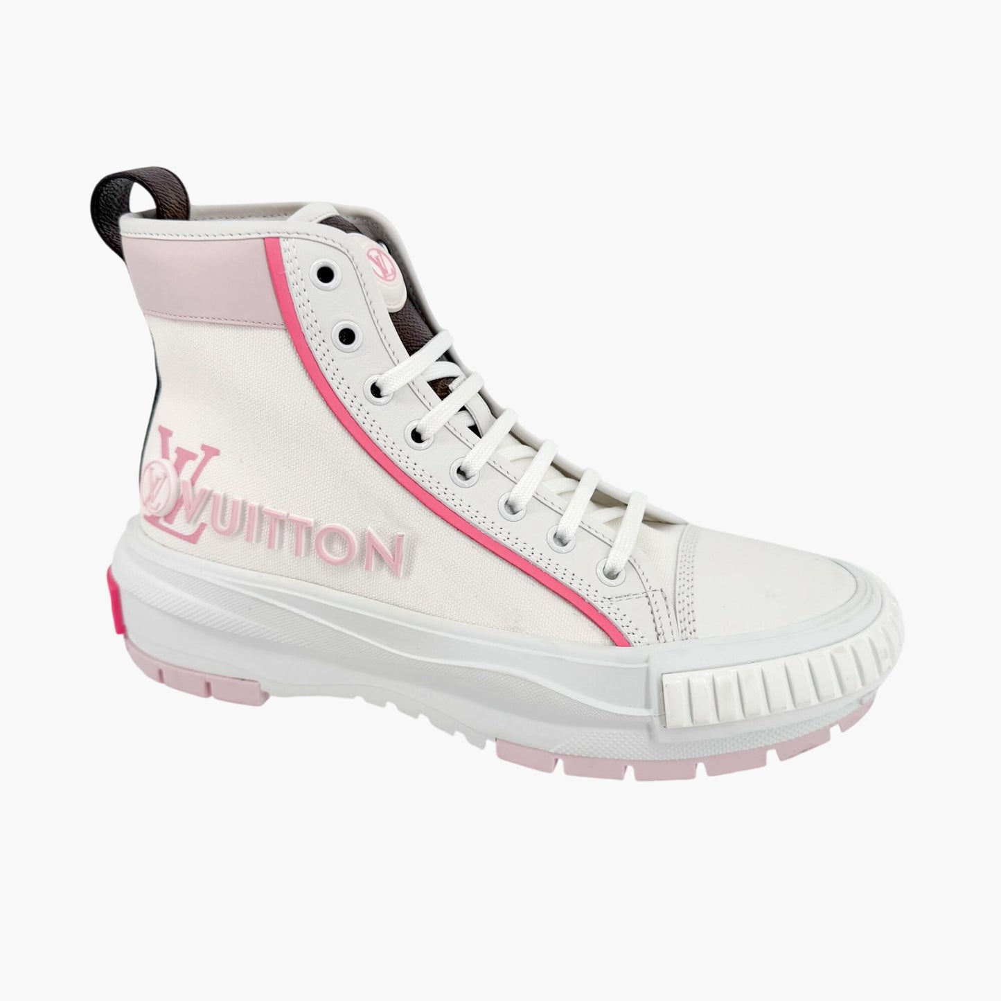 Louis Vuitton Squad Sneaker Boots in White Canvas with Pink Sole – Size 38