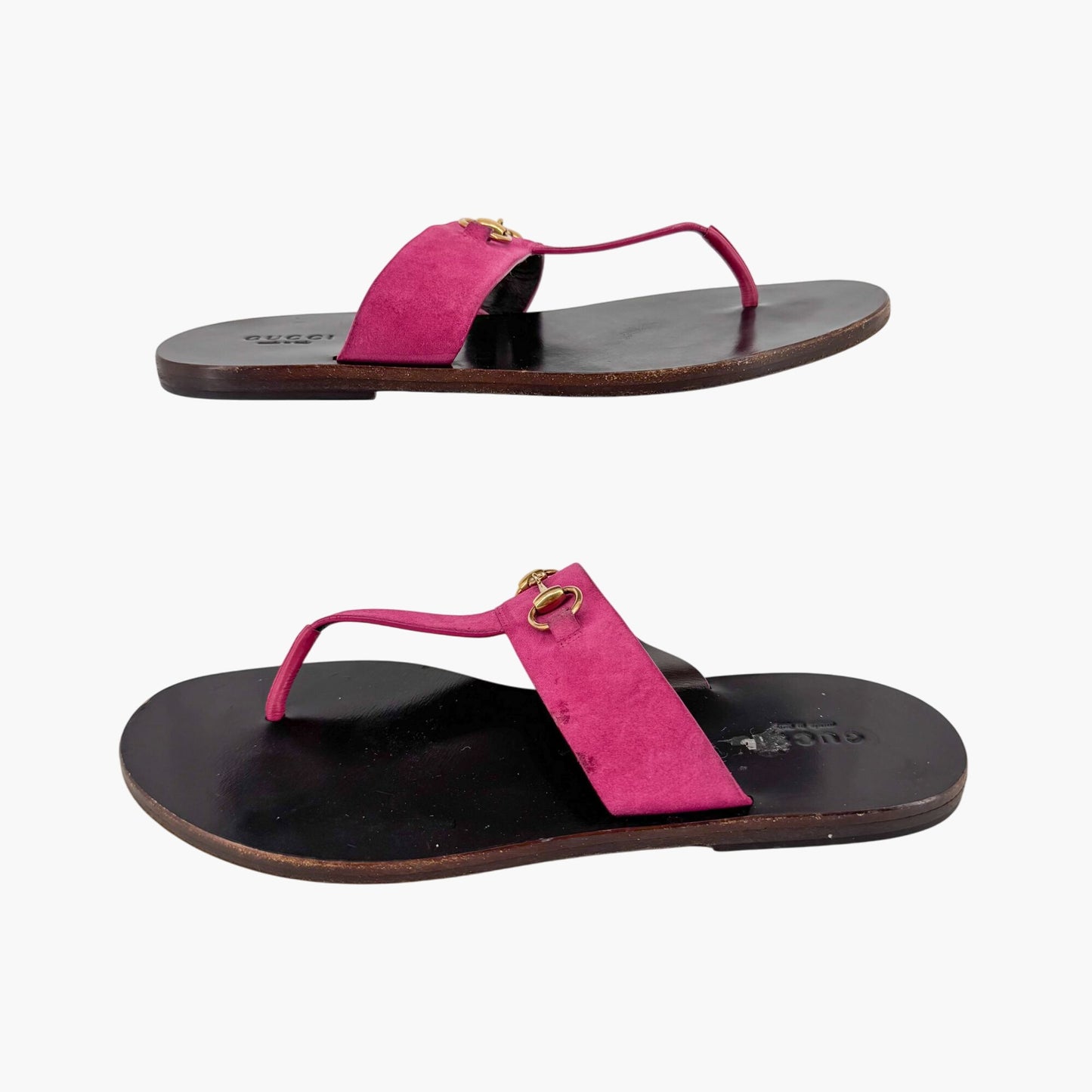 Gucci Horsebit T-Strap Thong Sandals in Fuchsia Pink Suede – Size 38