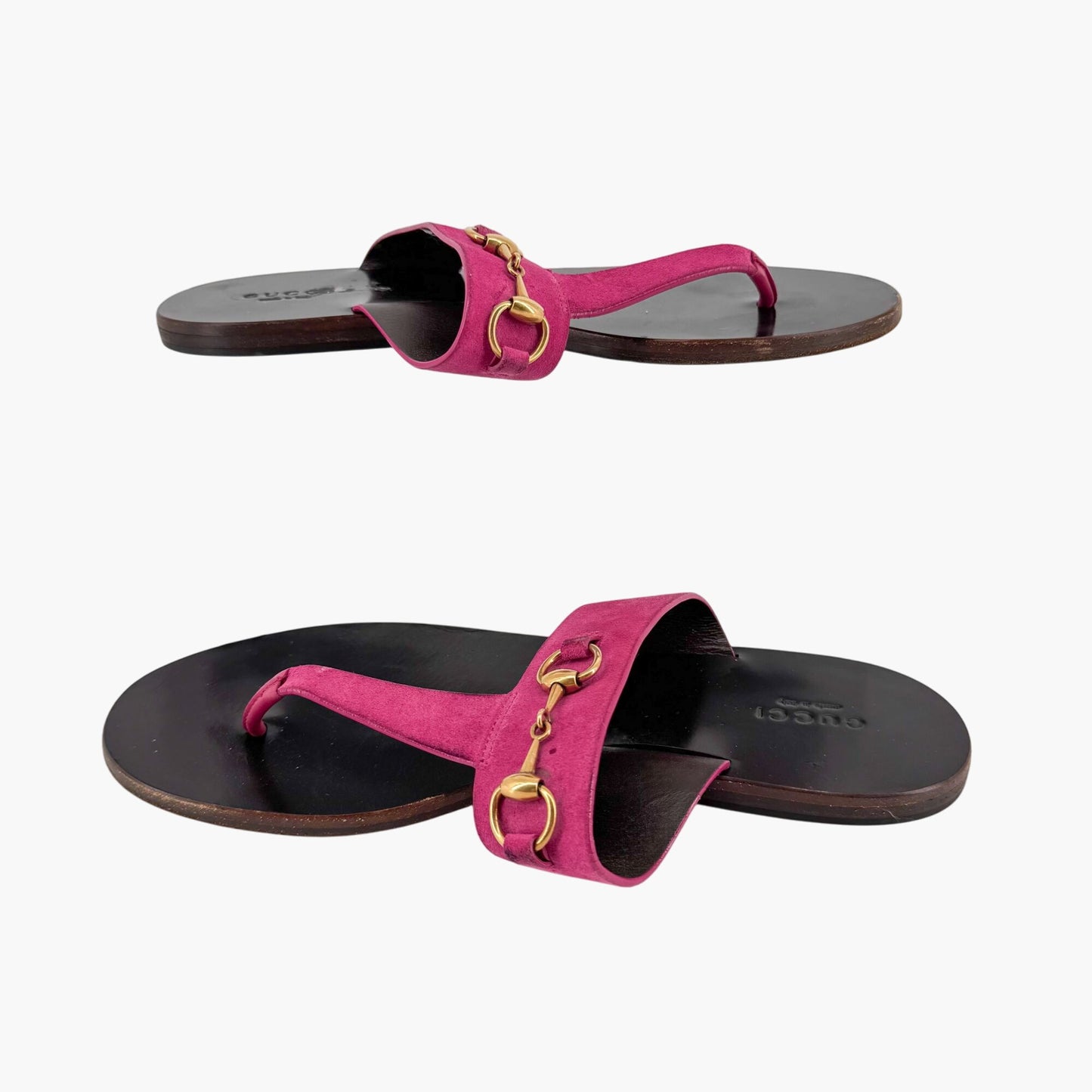 Gucci Horsebit T-Strap Thong Sandals in Fuchsia Pink Suede – Size 38