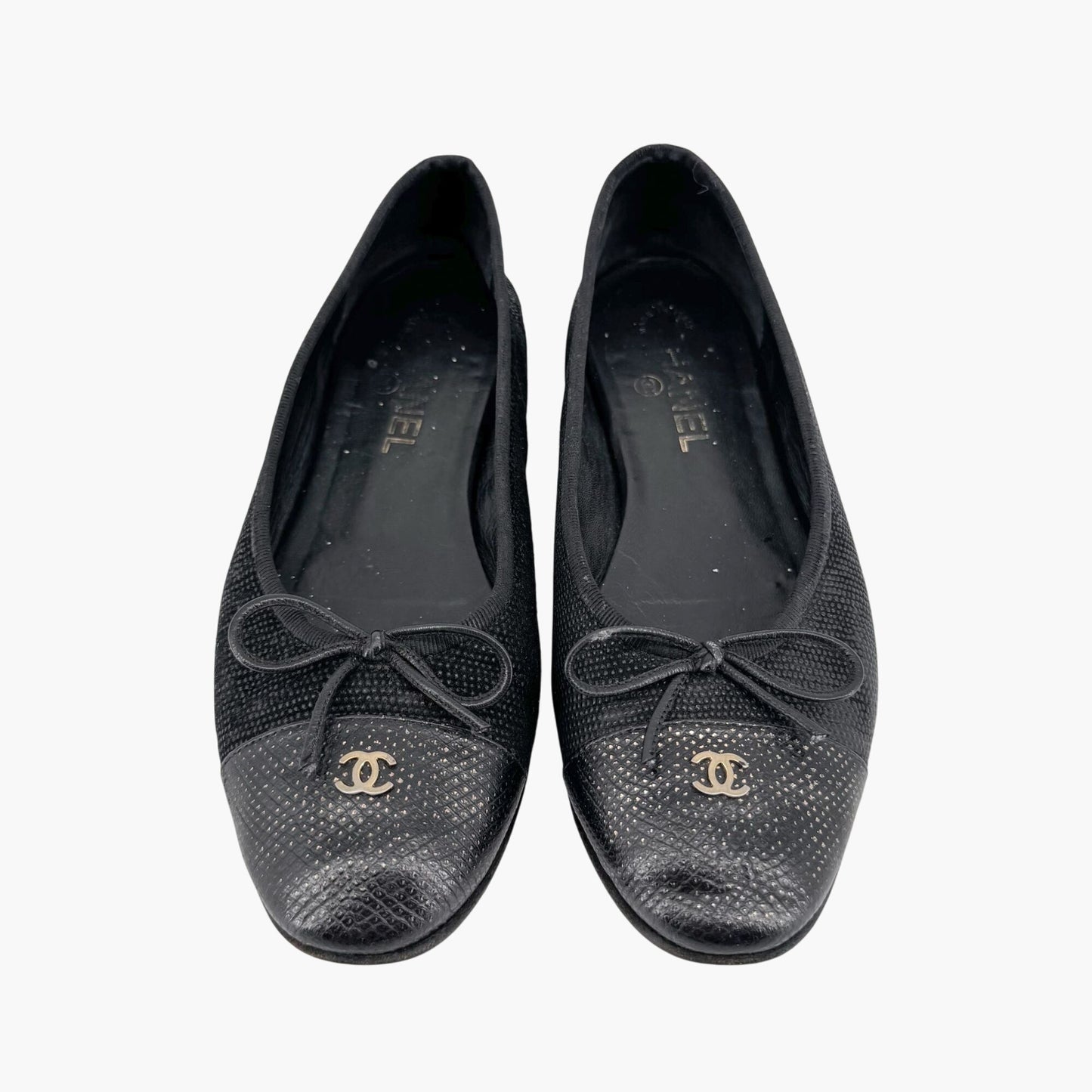 Chanel CC Cap Toe Ballet Flats in Black with Gold Leather Detail – Size 38.5