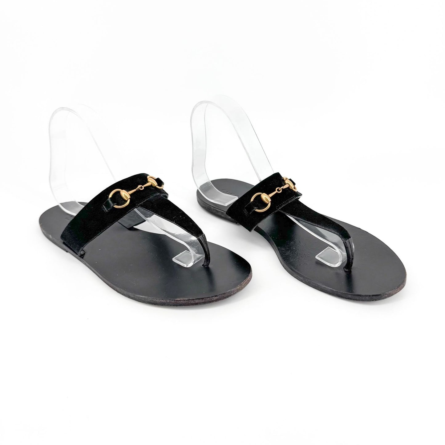 Gucci Horsebit T-Strap Flat Sandals in Black Suede – Size 40
