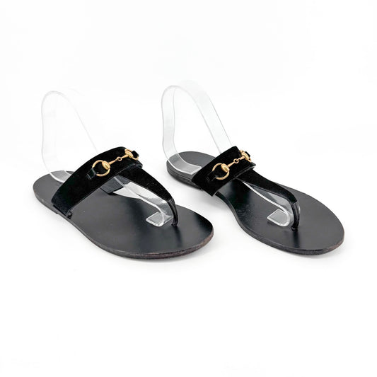 Gucci Horsebit T-Strap Flat Sandals in Black Suede – Size 40