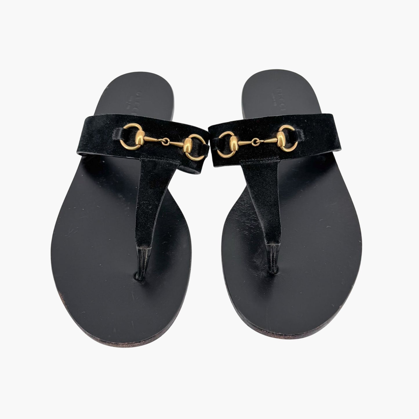 Gucci Horsebit T-Strap Flat Sandals in Black Suede – Size 40