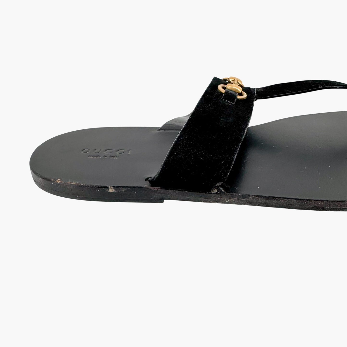 Gucci Horsebit T-Strap Flat Sandals in Black Suede – Size 40