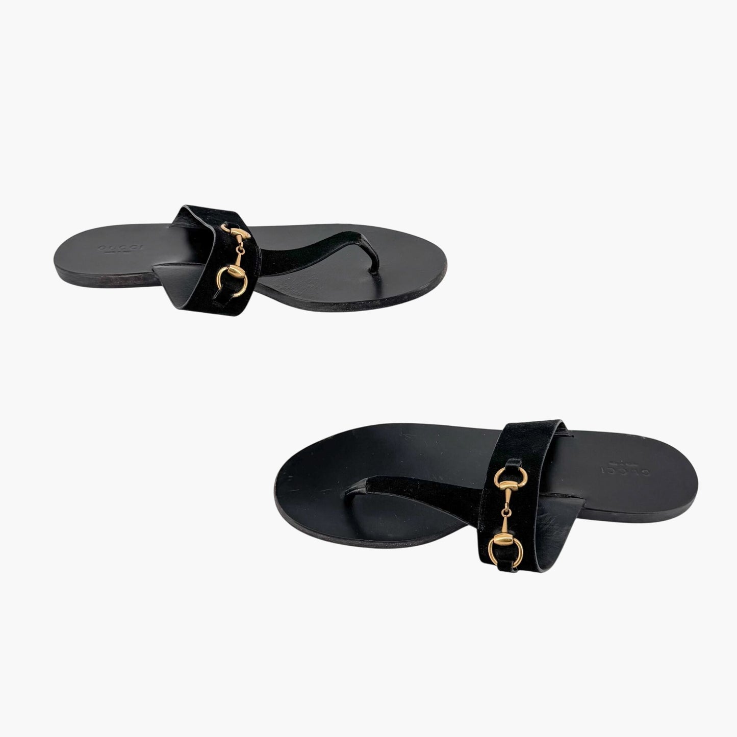 Gucci Horsebit T-Strap Flat Sandals in Black Suede – Size 40