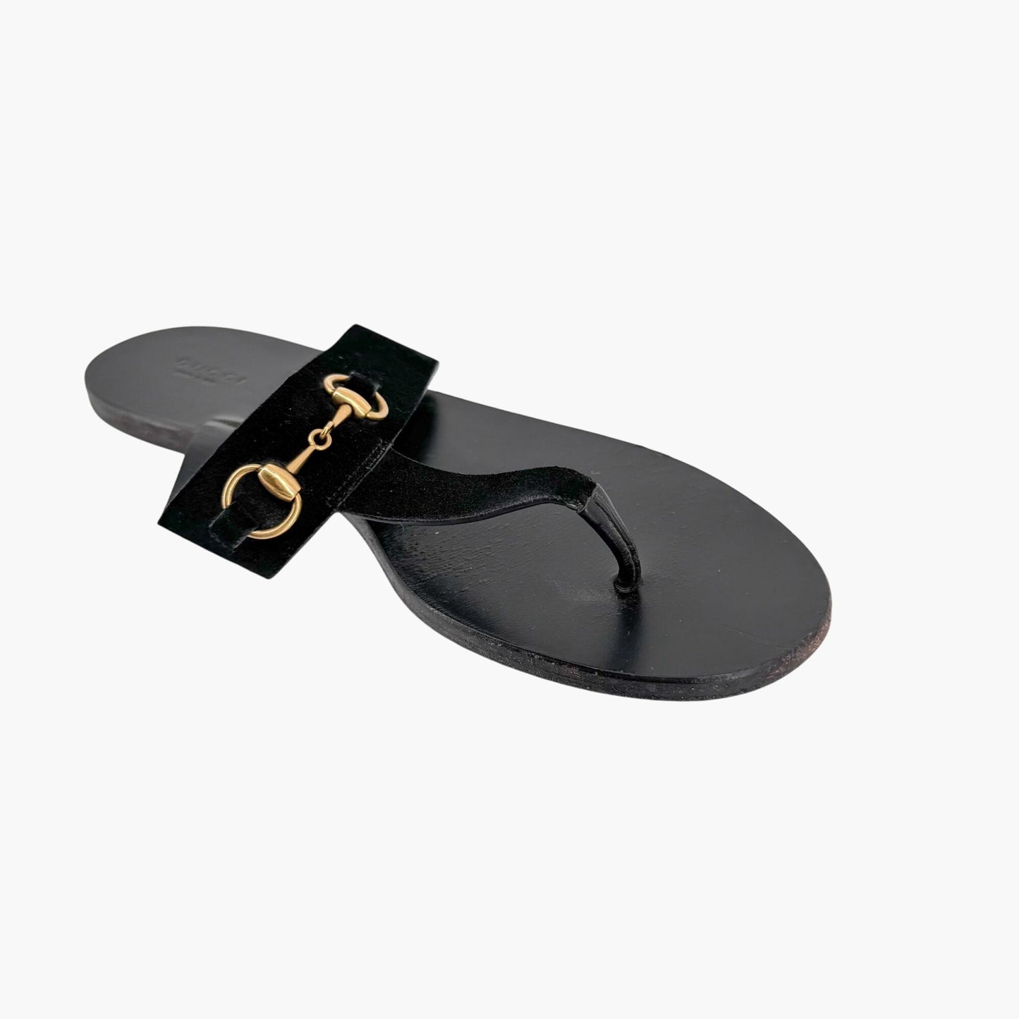 Gucci Horsebit T-Strap Flat Sandals in Black Suede – Size 40