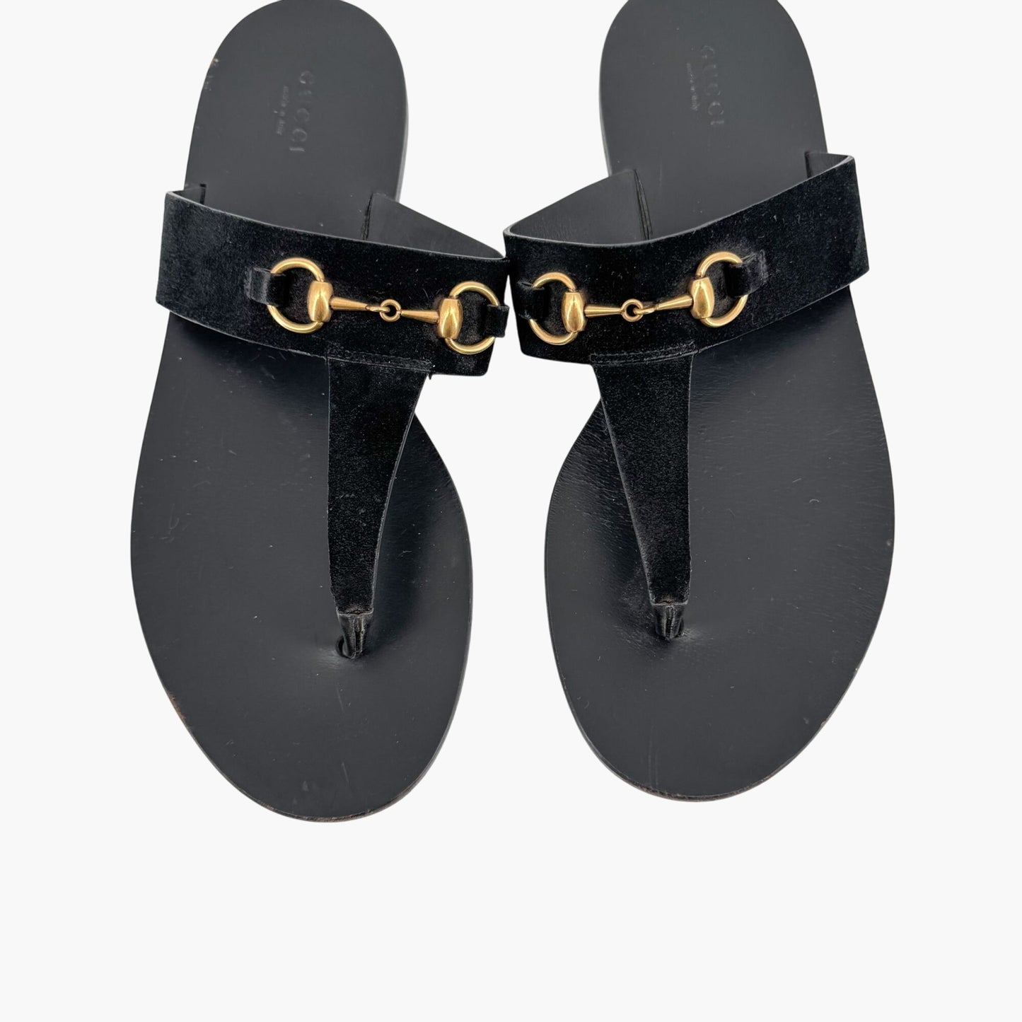 Gucci Horsebit T-Strap Flat Sandals in Black Suede – Size 40