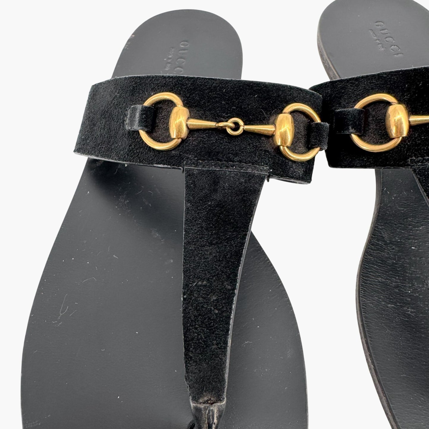 Gucci Horsebit T-Strap Flat Sandals in Black Suede – Size 40