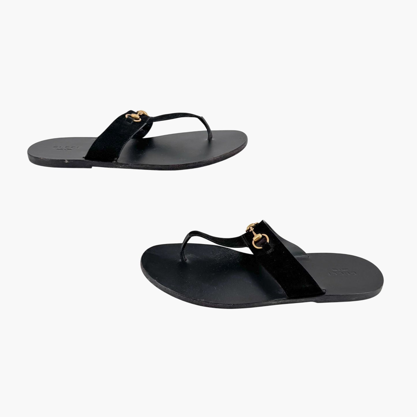 Gucci Horsebit T-Strap Flat Sandals in Black Suede – Size 40