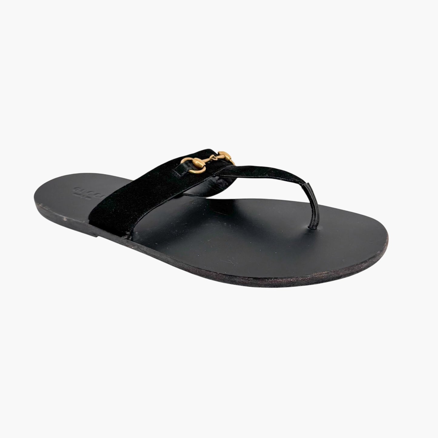 Gucci Horsebit T-Strap Flat Sandals in Black Suede – Size 40