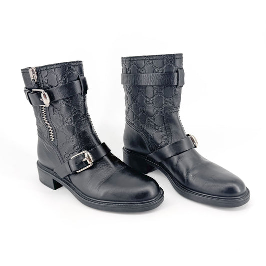 Gucci GG Guccissima Moto Ankle Boots Black Leather – Size 37.5