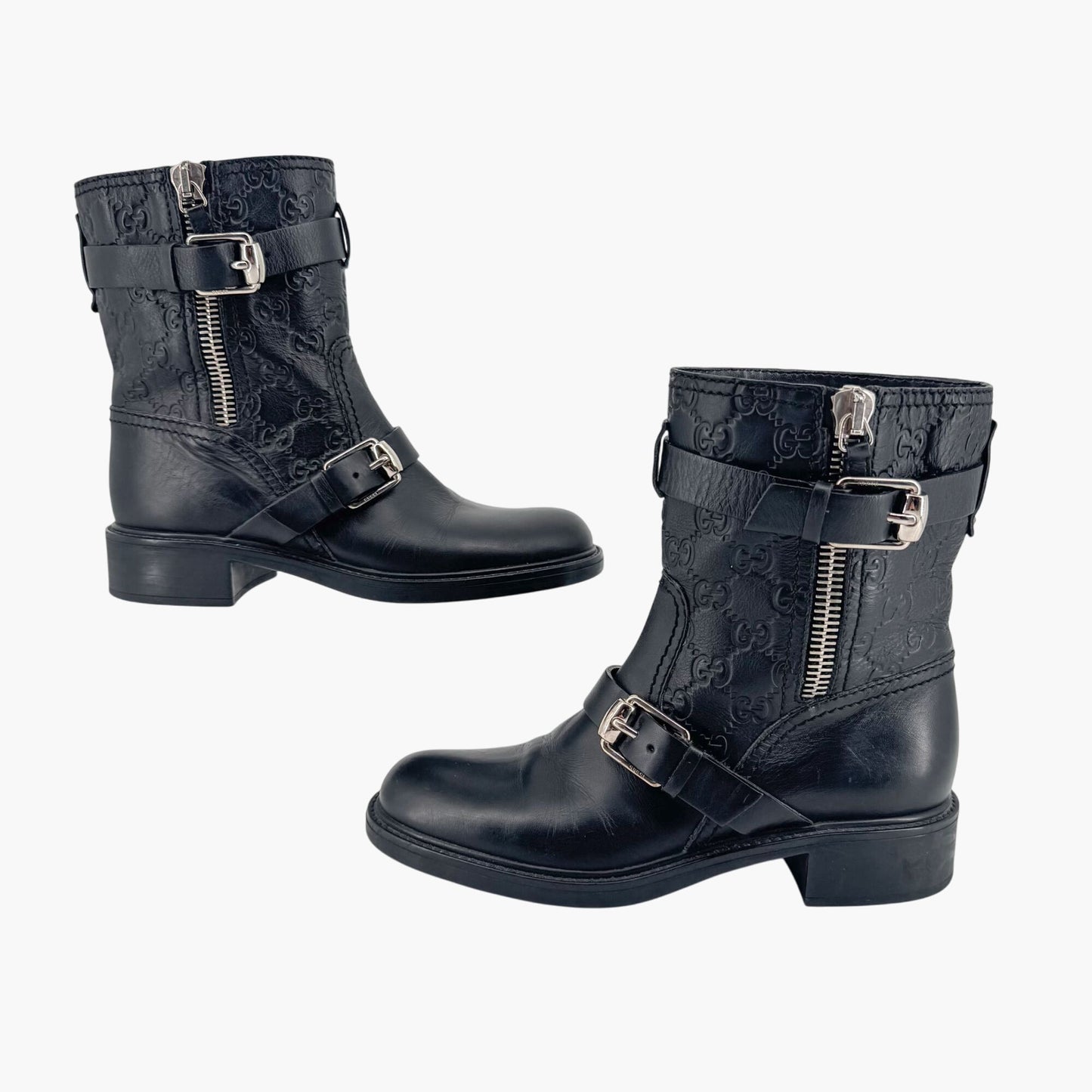 Gucci GG Guccissima Moto Ankle Boots Black Leather – Size 37.5